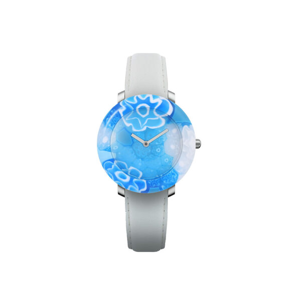 Yunik Watch “Blue Sky” Quartz movement Cases blue Murano glass dial and case in one piece 36mm Straps Leather white