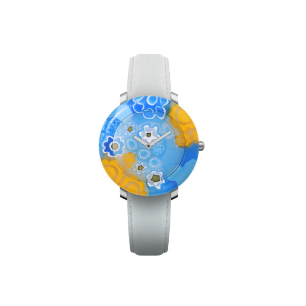 Yunik Watch “Mimosa” Quartz movement Cases blue Murano glass dial and case in one piece 36mm Straps Leather white