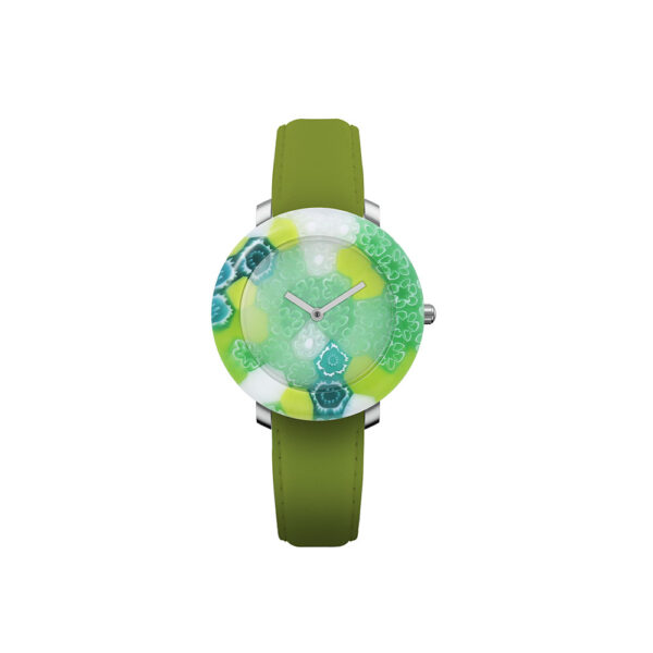 Yunik Watch “Spring Time” Quartz movement Cases Murano glass dial and case in one piece 36mm Straps Leather green