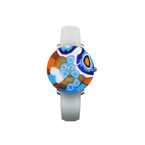 Yunik Watch “Tectonic” Quartz movement Cases blue Murano glass dial and case in one piece 36mm Straps Leather white