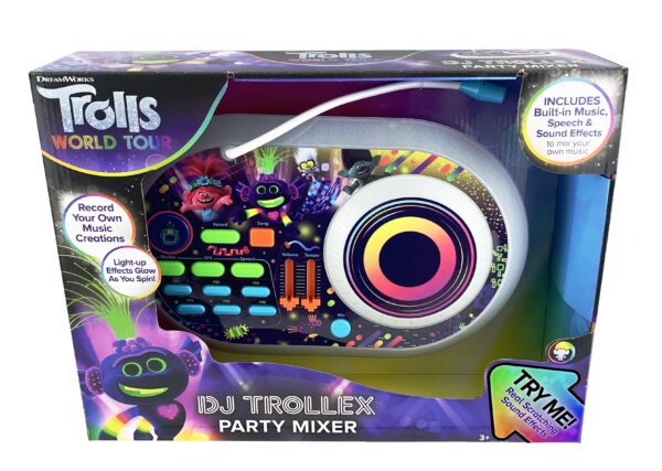 KIDdesigns Trolls 2 World Tour DJ Trollex Party Mixer - Toys for Kids Portable Mixer w/ TurnTable, Built in Music LED Flashing Lights & Microphone, Volume and Tempo Slider, Connects MP3 Player Audio
